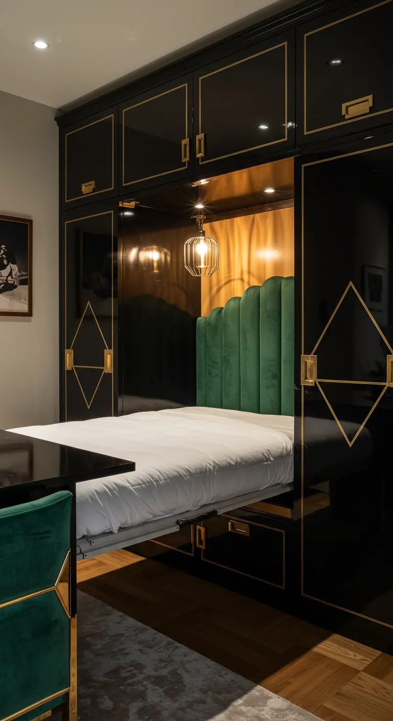 A black lacquer Murphy bed with gold trim and a green velvet headboard.