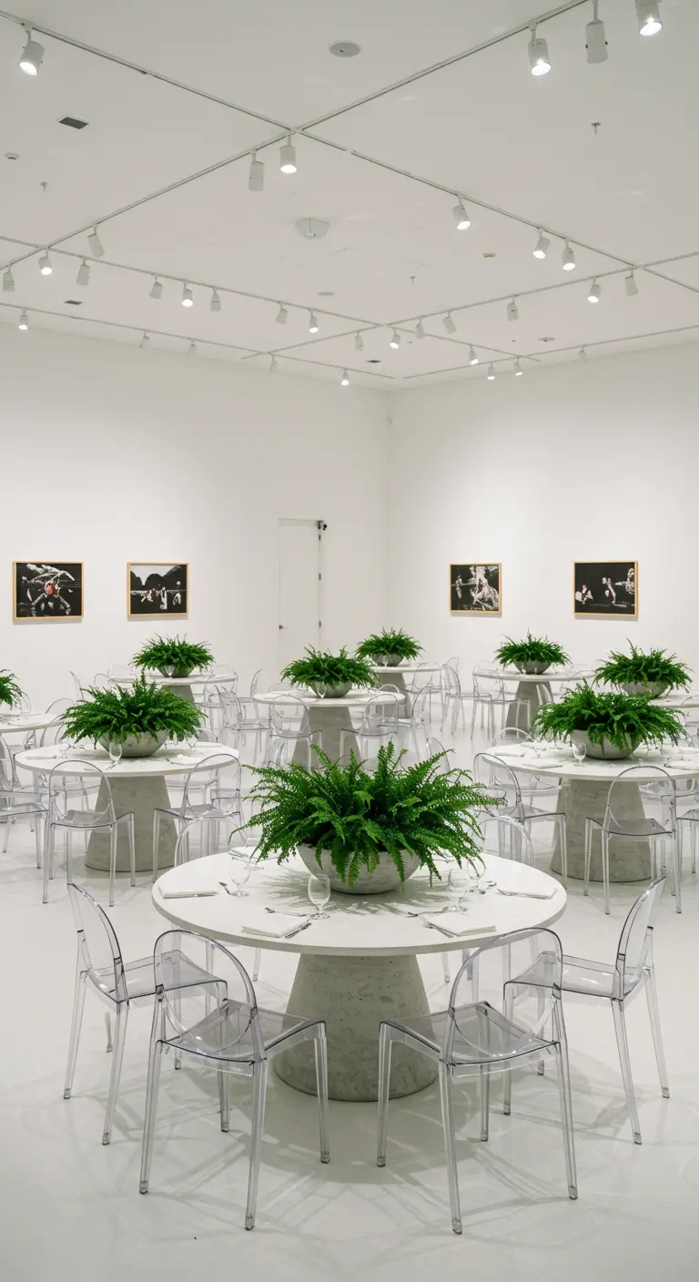 White gallery room with round tables and large concrete bowls of ferns.