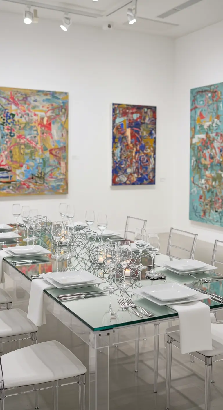 Minimalist glass dining table with sculptural centerpieces in a white art gallery setting.