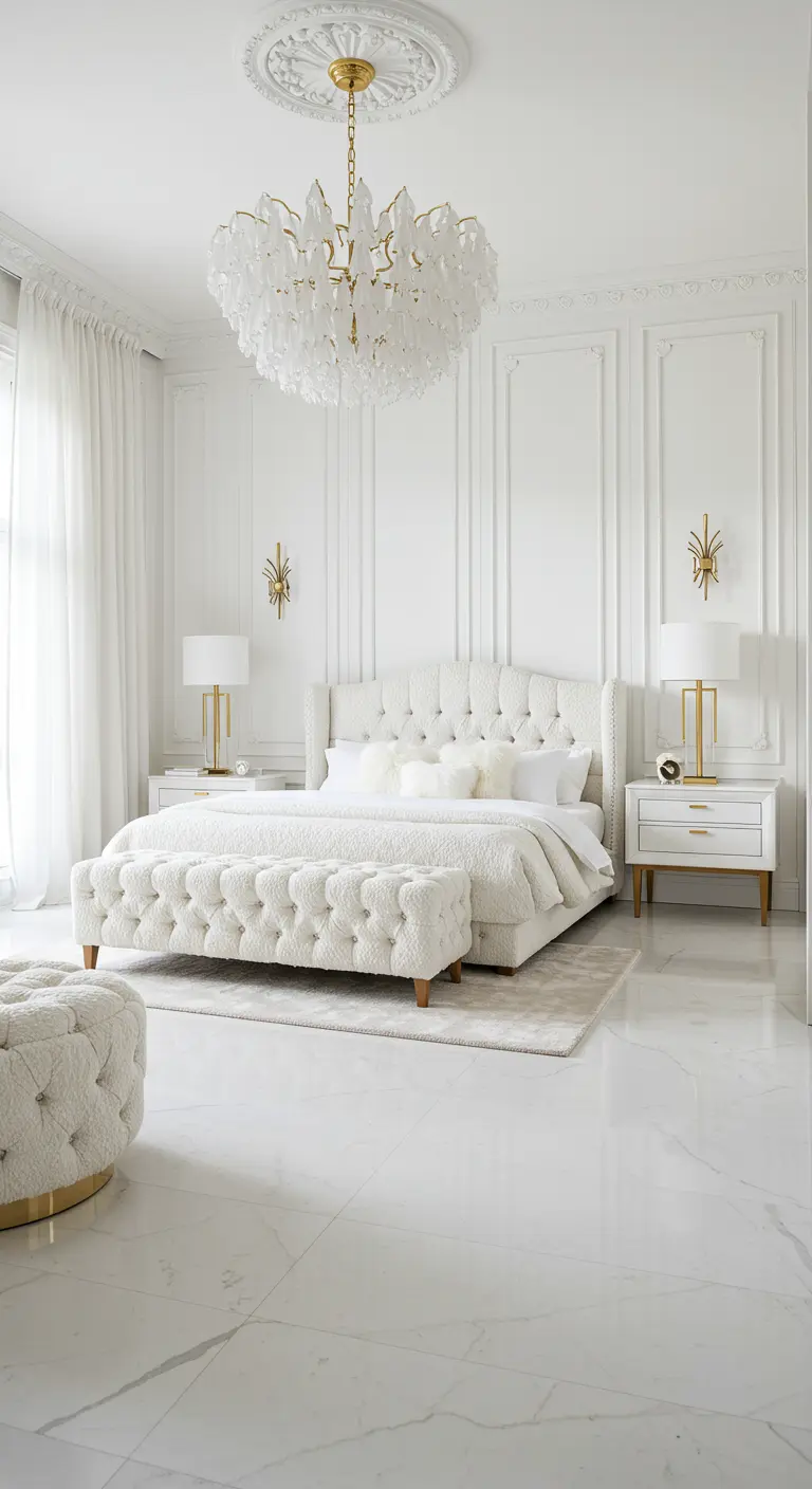 All-white glam bedroom with a bouclé bed, glass chandelier, and gold accents.