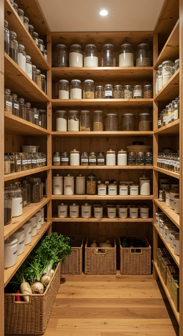 A well-organized walk-in pantry with wood shelves, glass jars, and woven baskets.