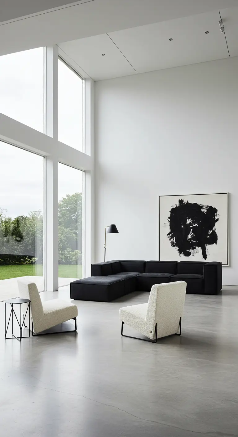 Minimalist living room with high ceilings, black sofa, and large abstract art.