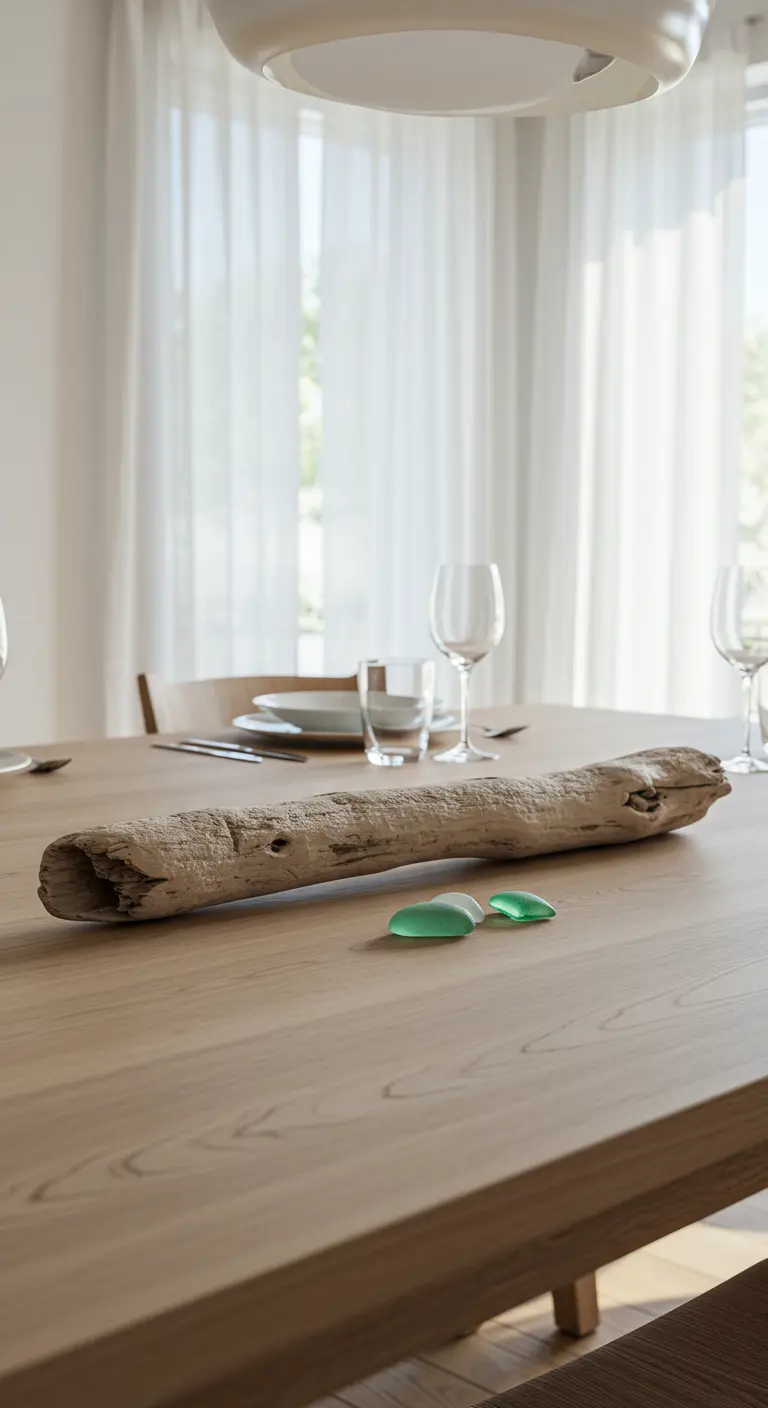 Minimalist table with a single piece of driftwood and three sea glass gems.
