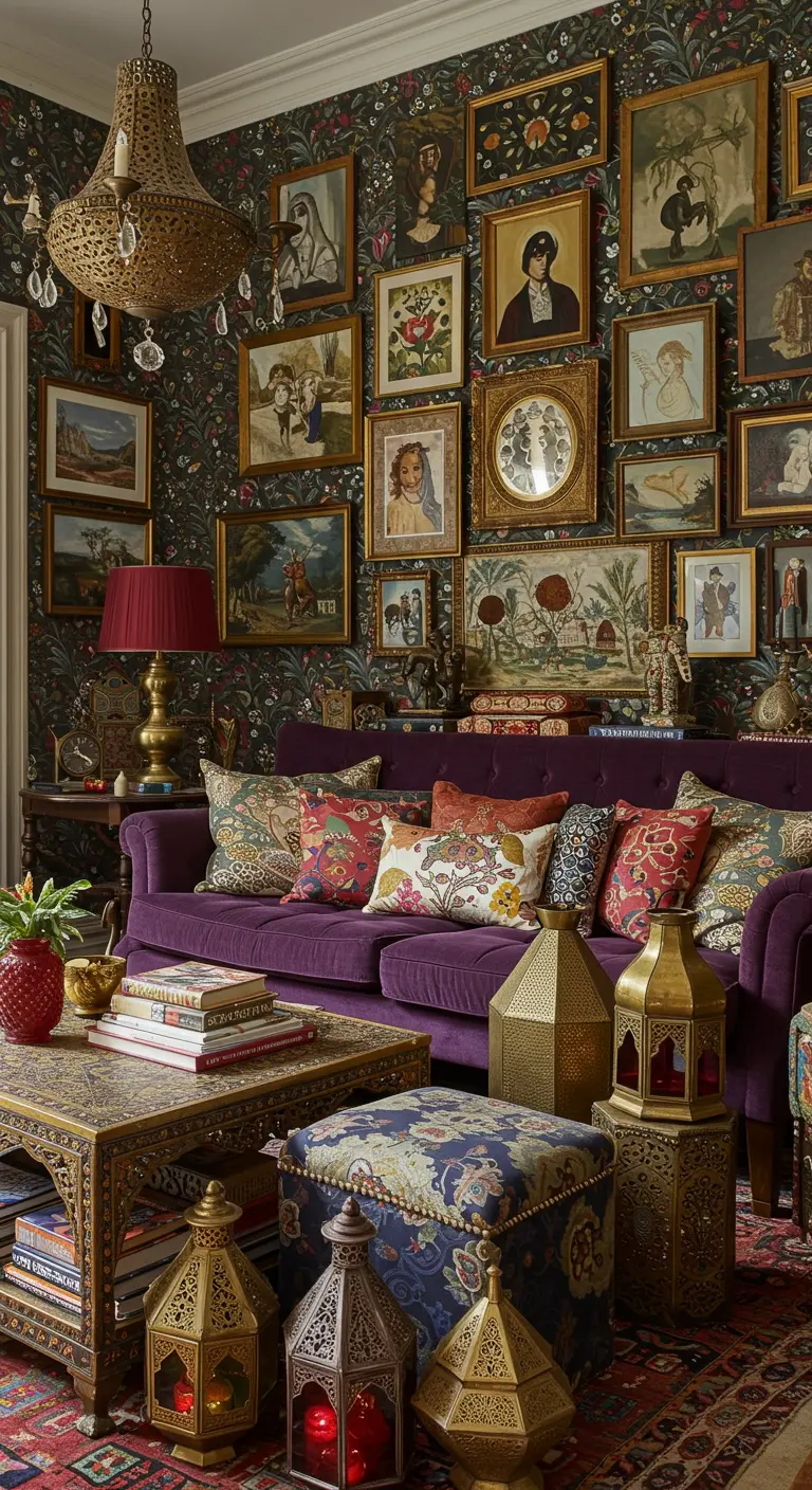 A maximalist living room with floral wallpaper, a purple sofa, a gallery wall, and many brass accents.