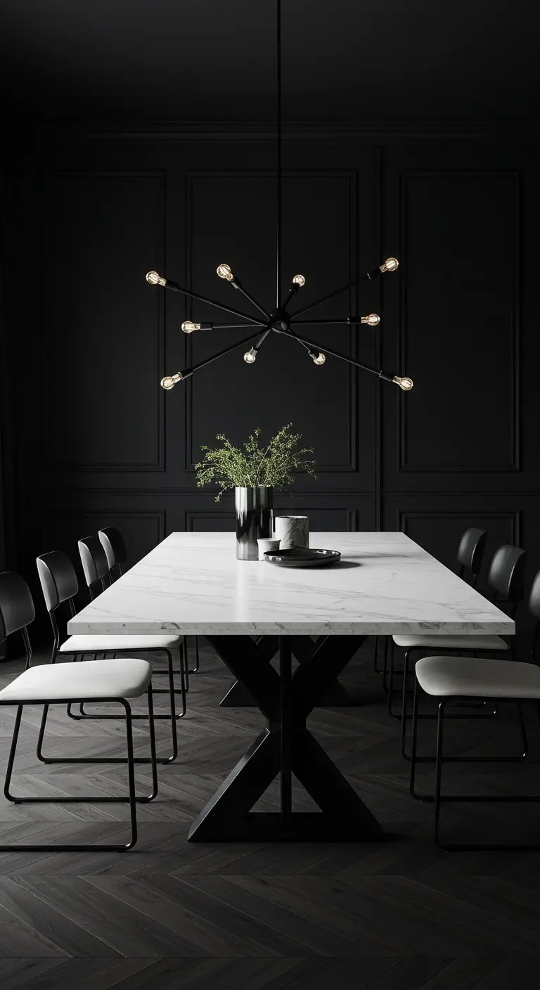 Dark dining room with a white marble table and a modern black chandelier.