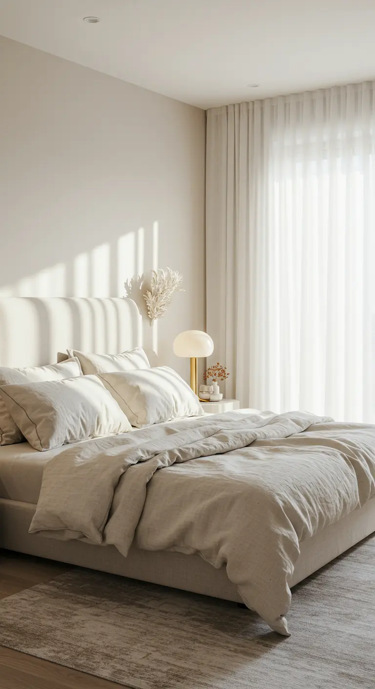 A sunlit bedroom with light filtering through sheer white floor-to-ceiling curtains.