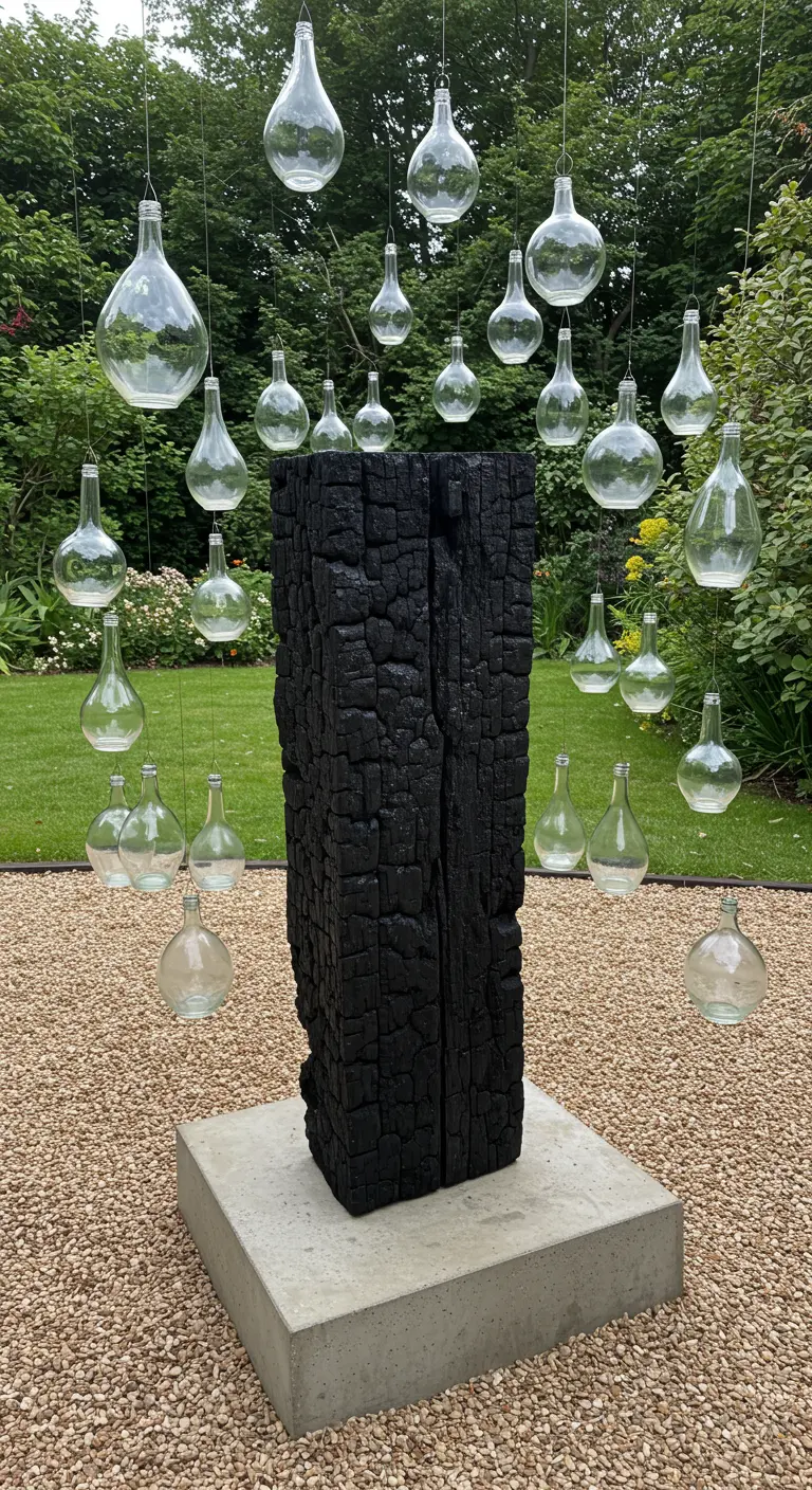 A modern art installation with a charred black wood block and clear glass orbs floating around it.