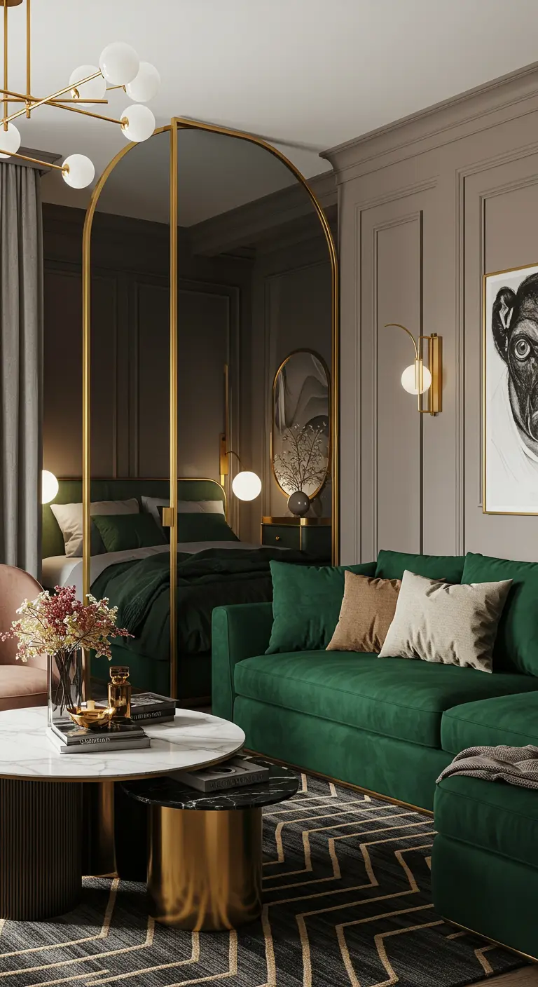 Luxe studio with an emerald green sofa and an arched, gold-framed glass divider.