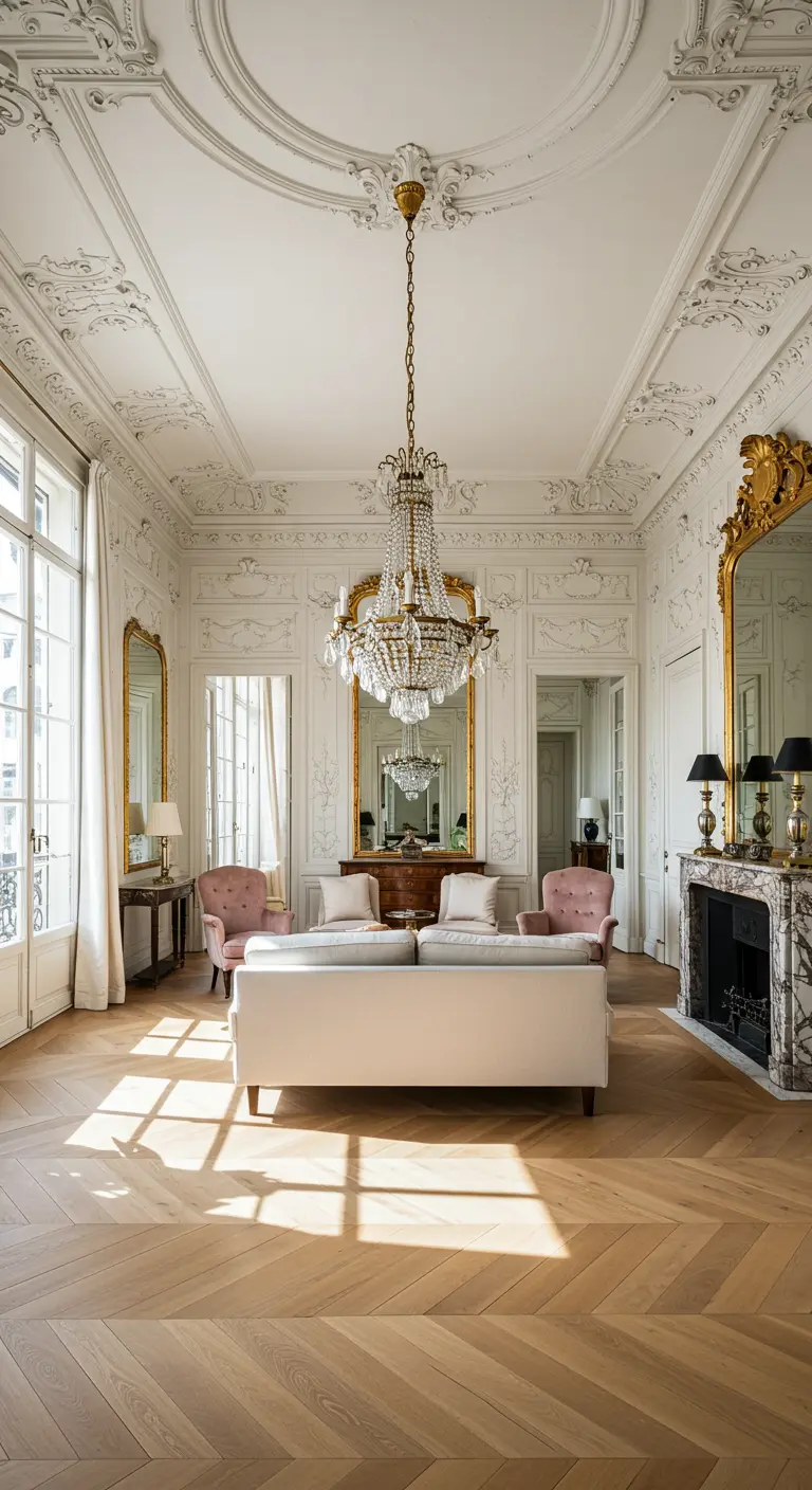 Sunlit Parisian living room with ornate mouldings, herringbone floors, and a crystal chandelier.