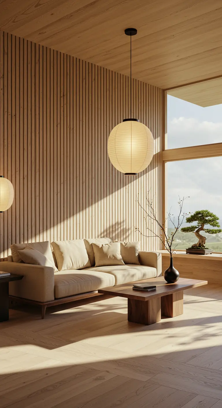 Scandinavian-Japanese living room with a paper lantern and wood slat wall.