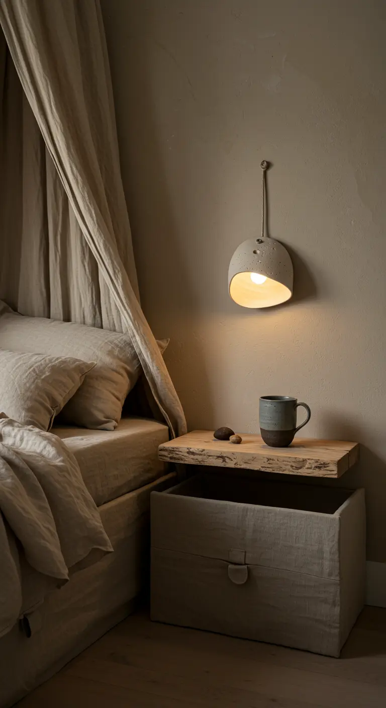 Wabi-sabi bedroom with a linen canopy, a live-edge wood shelf, and a ceramic pendant light.