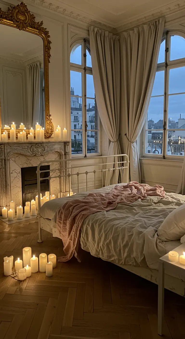 Parisian bedroom with dozens of candles on the floor and marble mantelpiece.