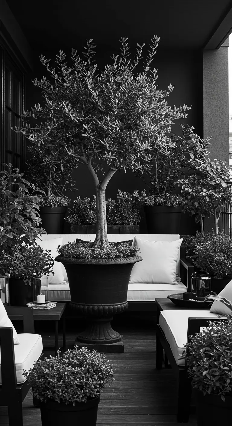 A lush, layered balcony in black and white with a central olive tree and many smaller plants.