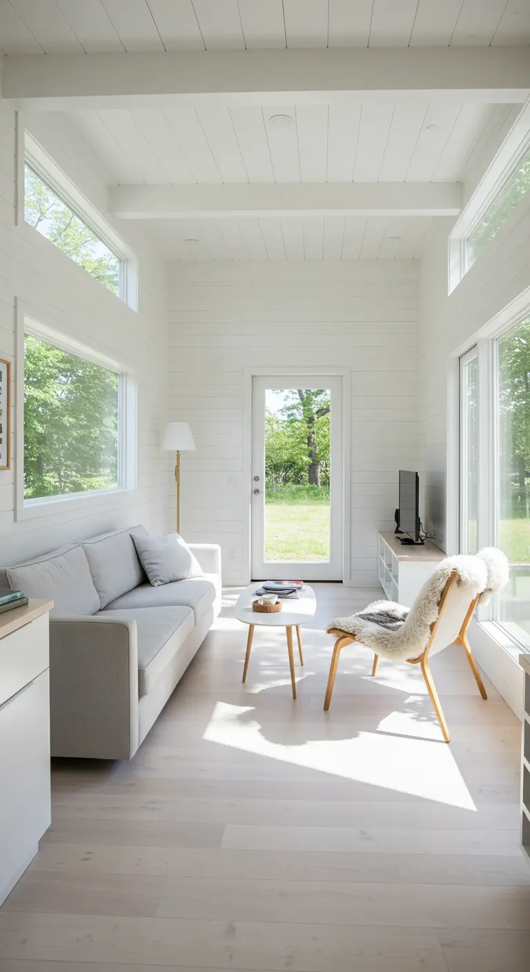 Sunlit tiny living room with white walls, pale wood floors, and a modern chair with a sheepskin throw.