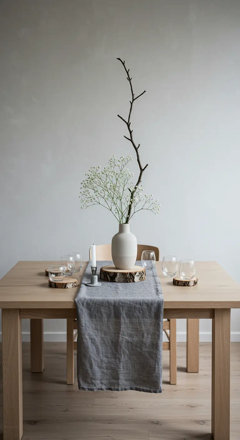 A minimalist table with a grey runner and a single branch in a vase.