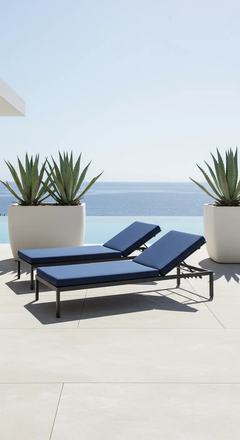 Two black aluminum chaise lounges with navy cushions by a pool with large white planters.