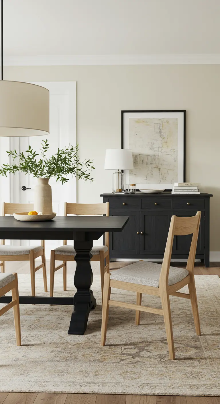 A transitional dining room with a black trestle table and light wood upholstered chairs.