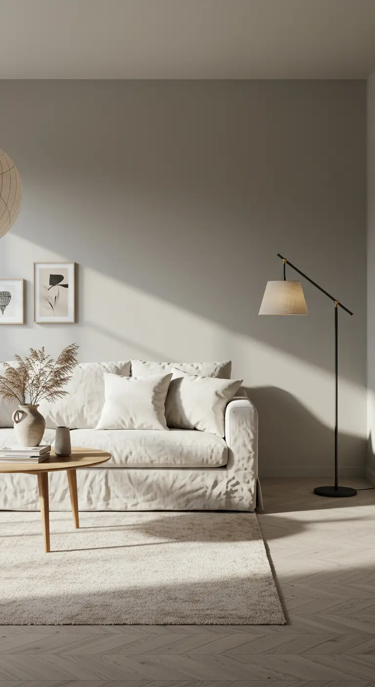 Minimalist living room with taupe walls, a white slipcover sofa, and a sleek black floor lamp.