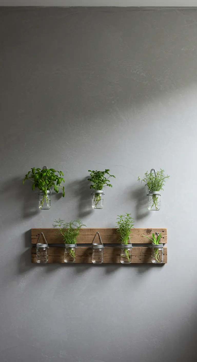 A single weathered wood plank holds six small herb jars, mounted on a sleek grey wall.