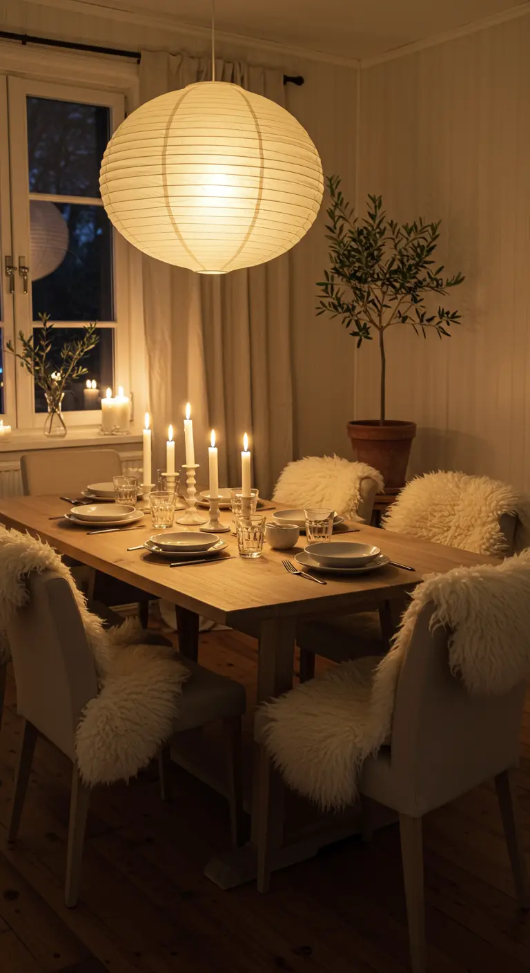 Oak dining table set for dinner with multiple candles, a paper lantern pendant, and chairs draped in white sheepskin.
