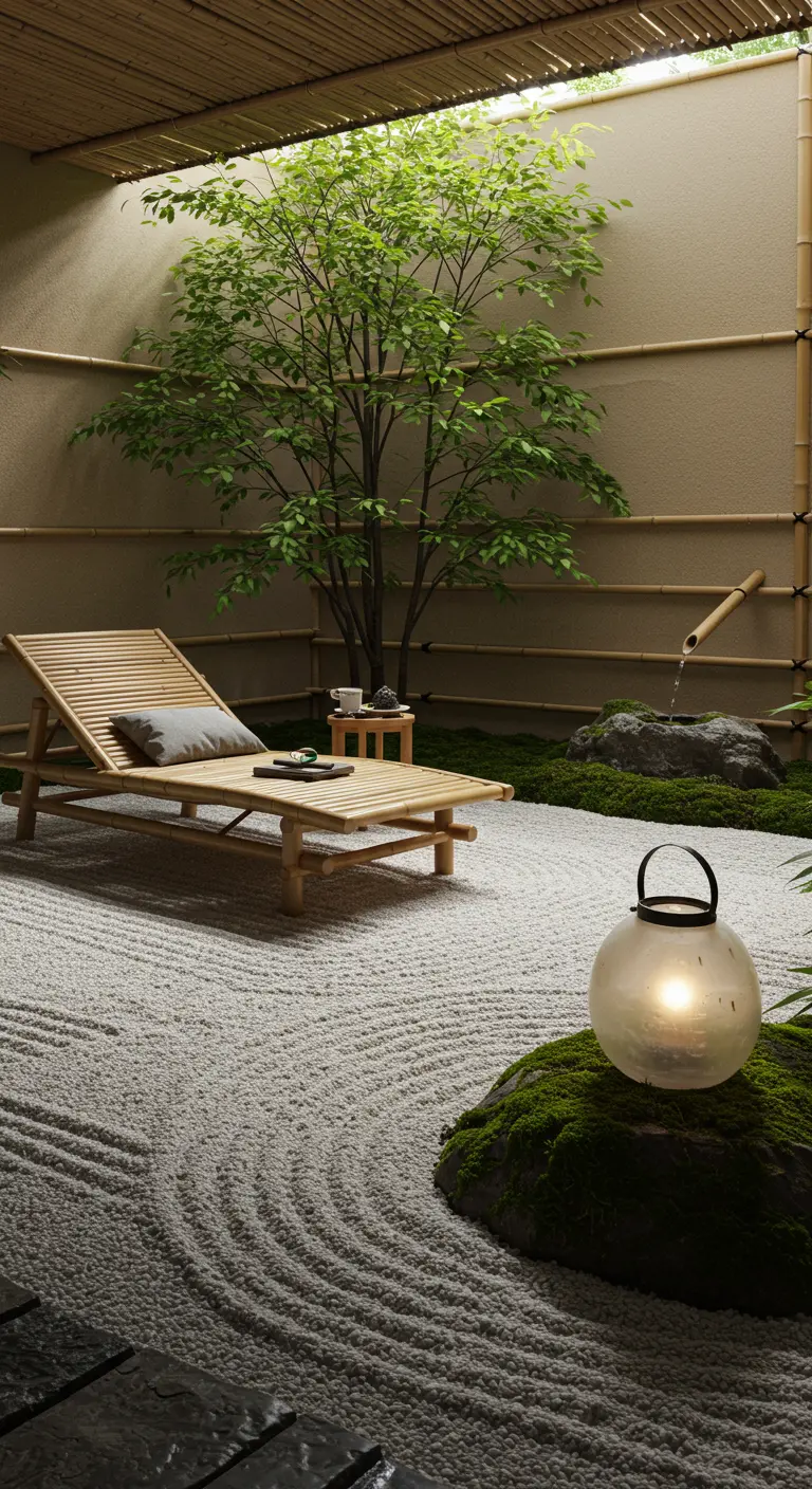 A bamboo lounger in a Japanese zen garden with raked sand and a frosted glass lantern on moss.