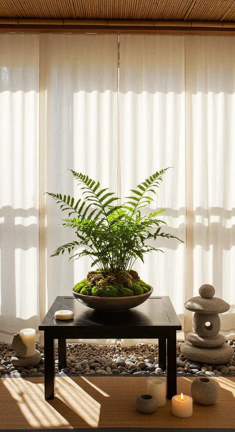 Zen-inspired corner with a fern in a bowl, pebbles, candles, and a Japanese-style lantern.