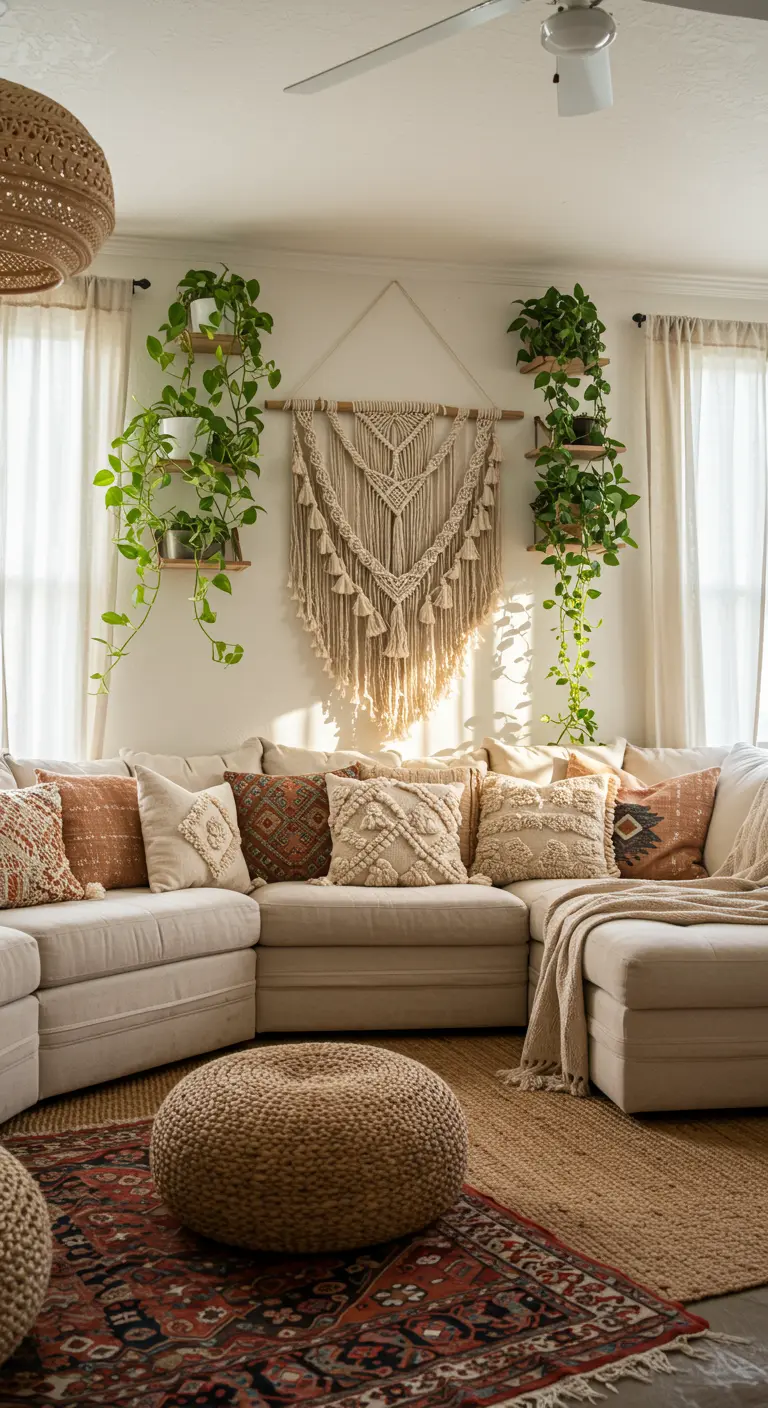 Bohemian living room with a large macrame wall hanging and plants on shelves.