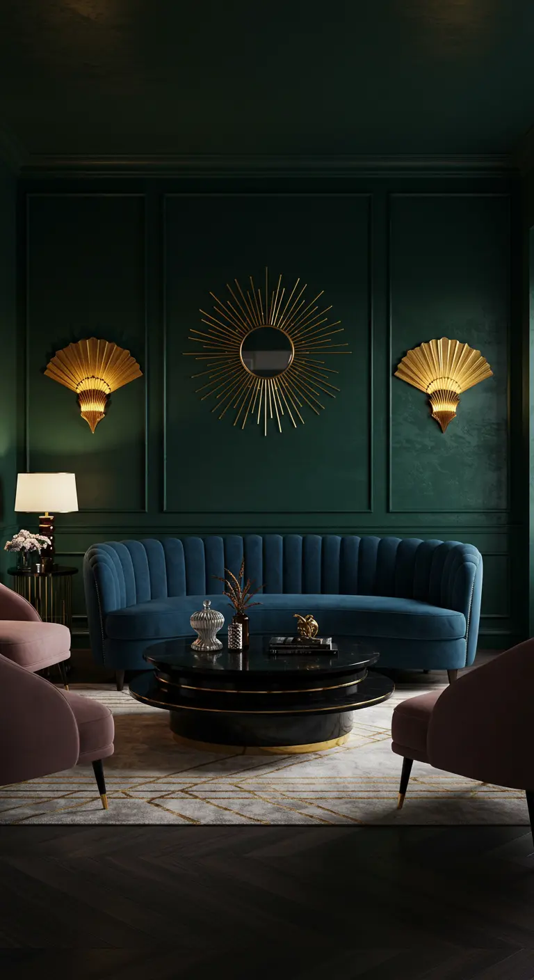 Symmetrical living room with emerald walls, a blue velvet sofa, and a central gold sunburst mirror.