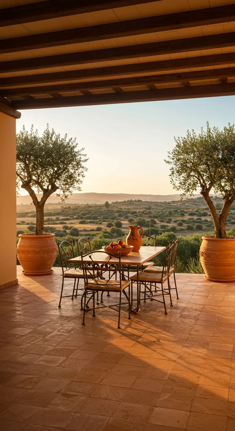 A large patio with two olive trees in large pots framing a dining set and a vast landscape.