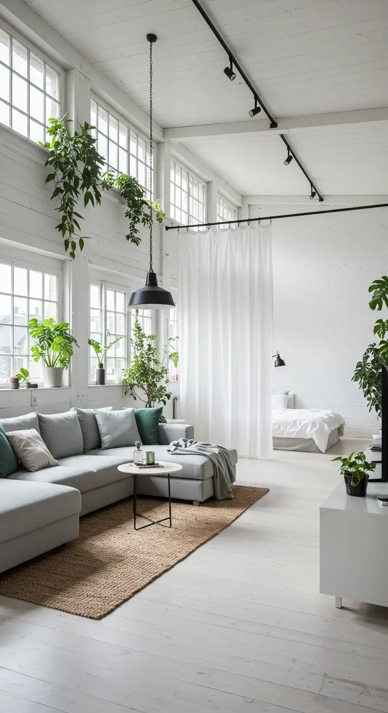 White loft apartment with a gray modular sofa and curtain room divider.
