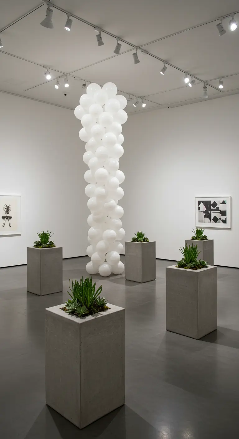 A tall, spiraling white balloon column in a minimalist art gallery with concrete planters.