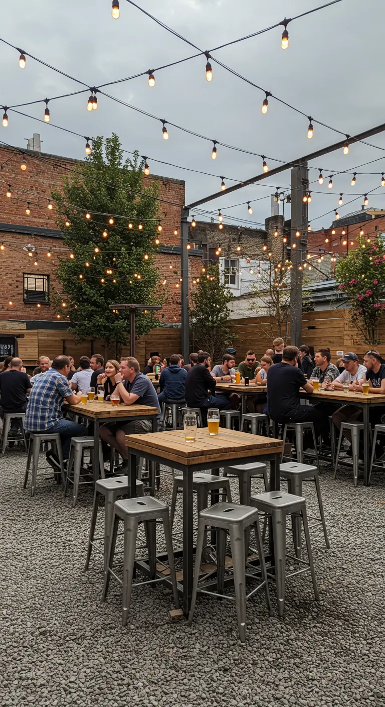 A bustling beer garden with long tables and metal stools.