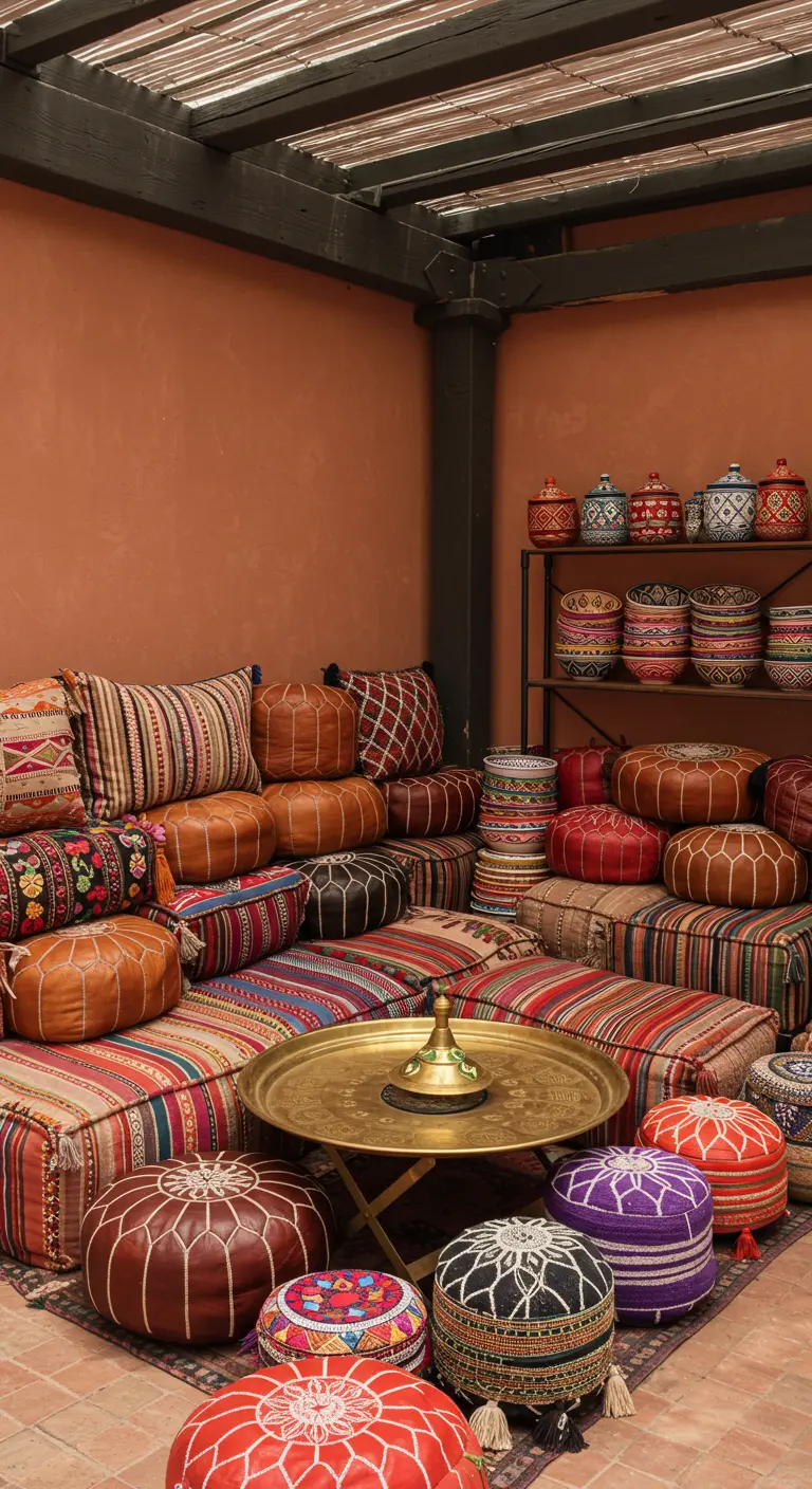 A cozy corner packed with layers of colorful patterned cushions, textiles, and poufs.