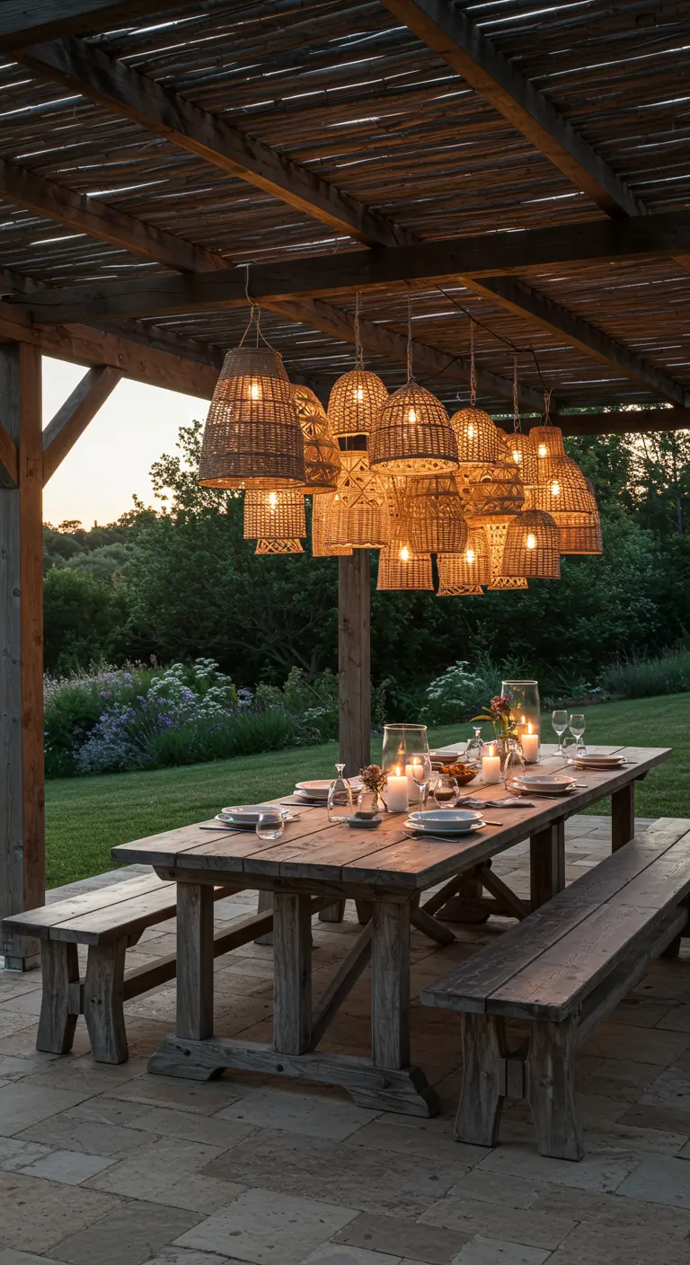 A long wooden dining table under a pergola, lit by a cluster of glowing wicker lanterns.
