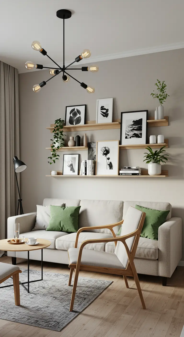 Modern living room with a sputnik chandelier and floating shelves displaying black and white art.