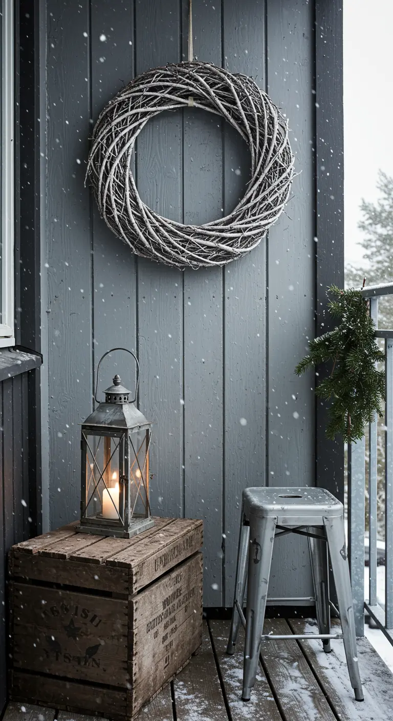 A large twig wreath on a gray wall above a wooden crate and lantern.