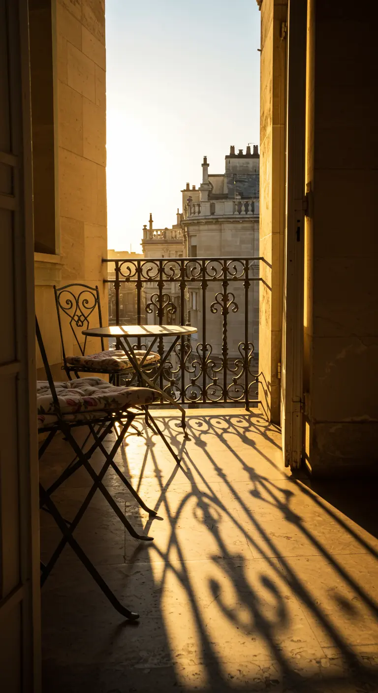 Golden sunlight casting long, dramatic shadows from an ornate balcony railing onto the floor.