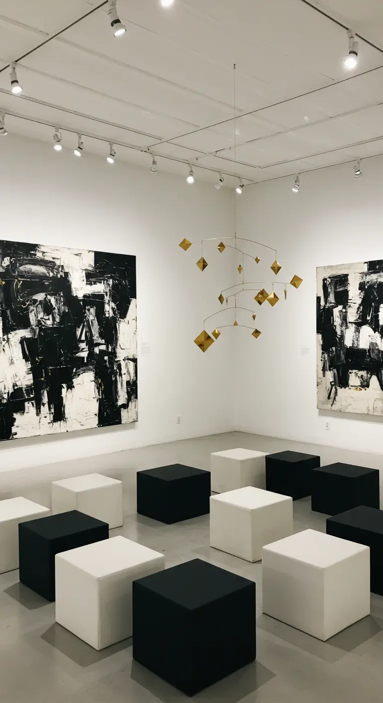 Art gallery space with black and white abstract art and a gold mobile.