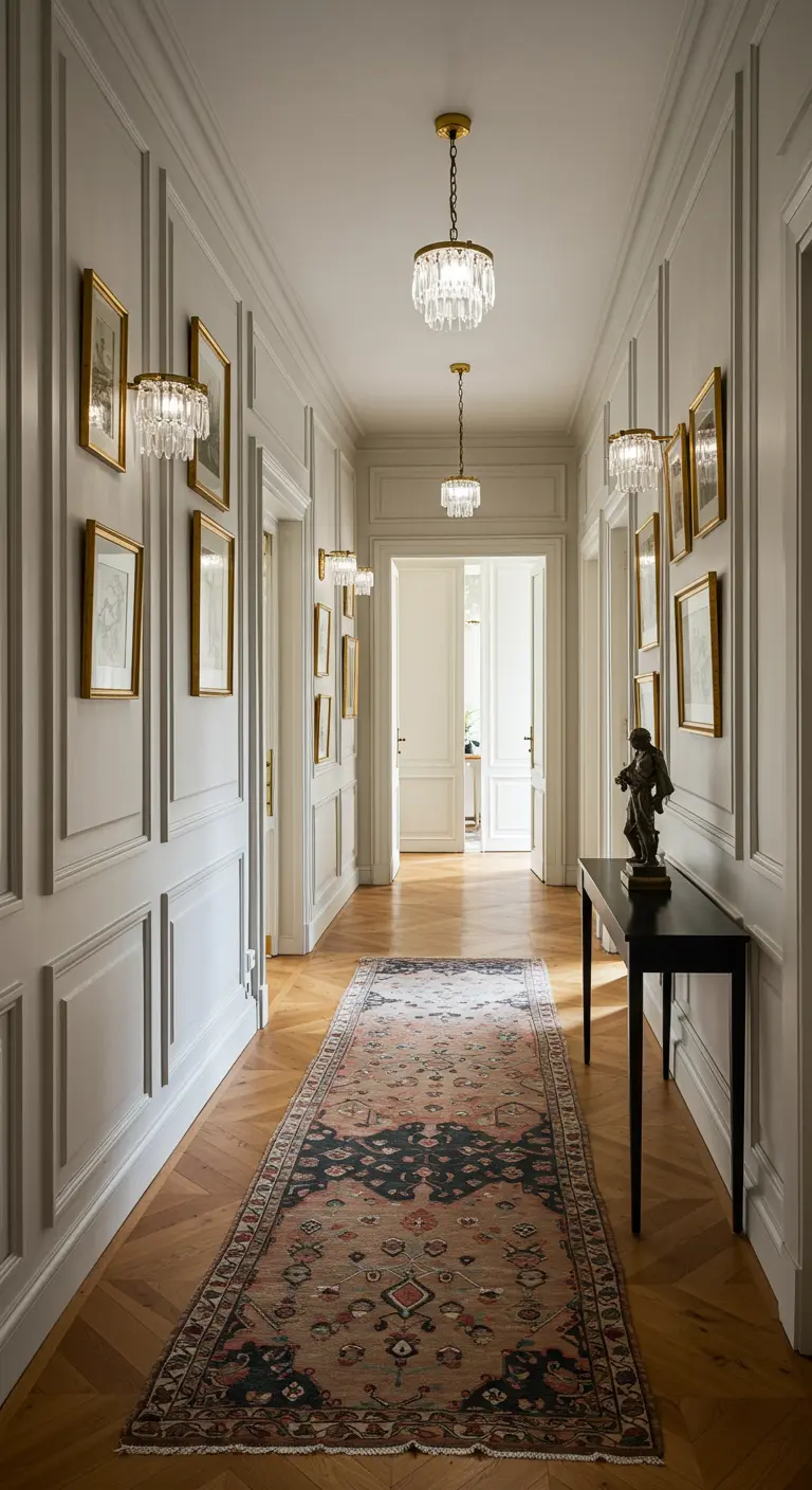A long Parisian hallway with panelled walls, a vintage runner, and multiple chandeliers.