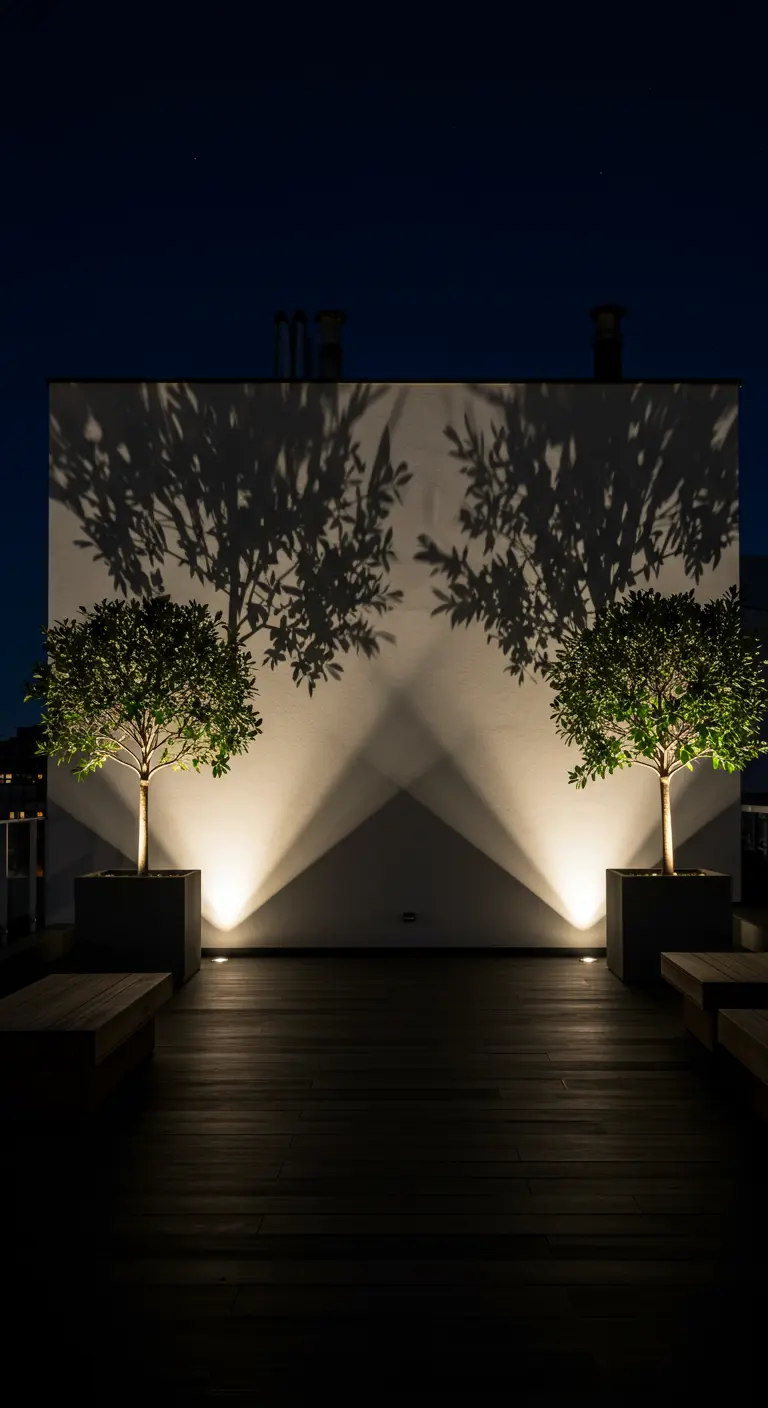 Two trees in planters casting dramatic, large shadows onto a white wall behind them.