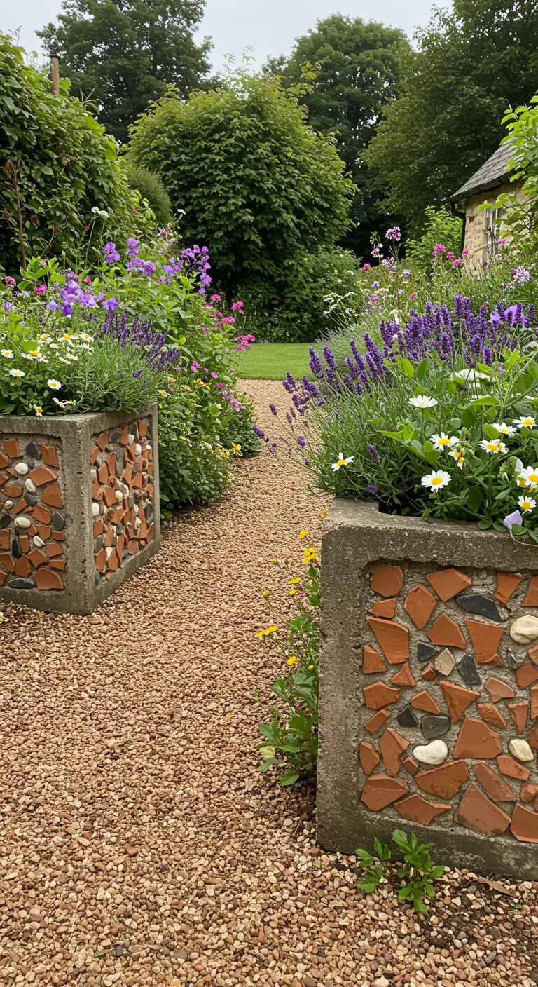 Two concrete planters with terracotta shard mosaics line a gravel path in a cottage garden.