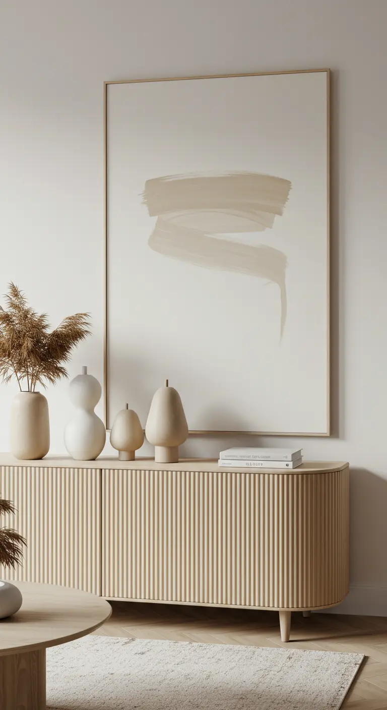 A ribbed wood credenza with large abstract art and sculptural cream vases.