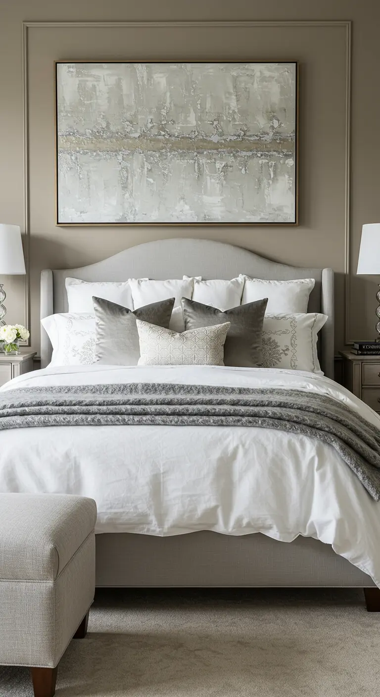 Greige bedroom with an upholstered headboard and large abstract art piece above it.