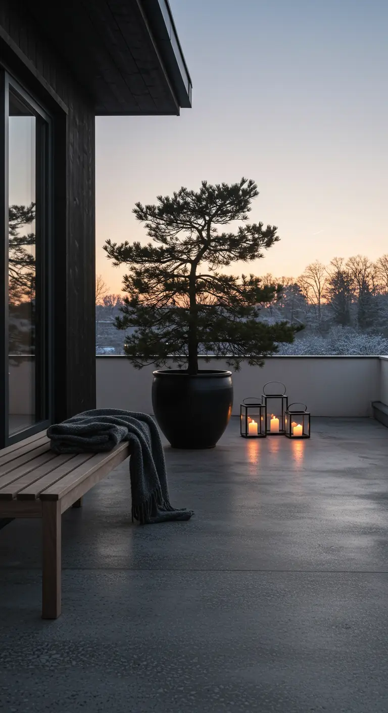 A minimalist balcony at sunset with a single pine in a pot, a bench, and three lanterns.