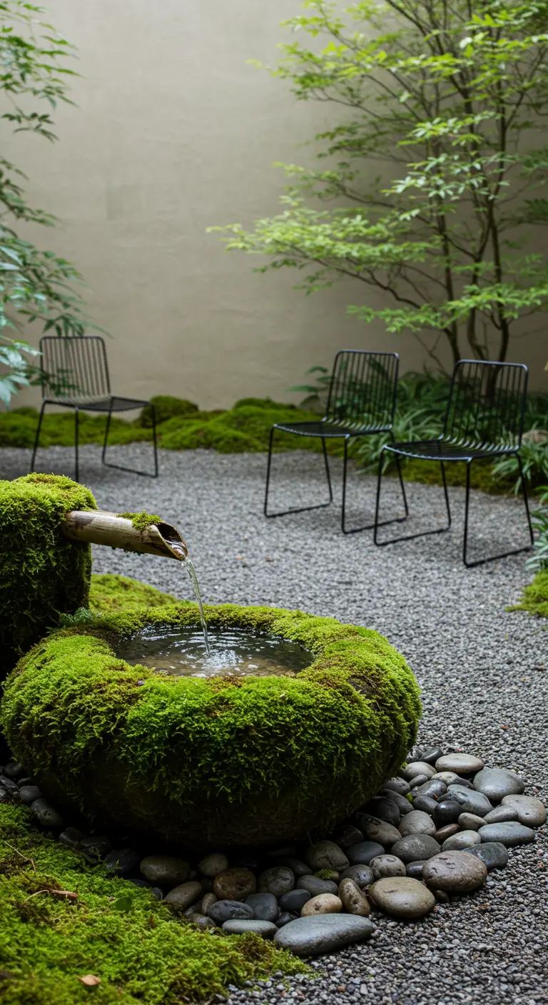 Japanese-style moss-covered stone basin fountain with a bamboo spout in a gravel garden.