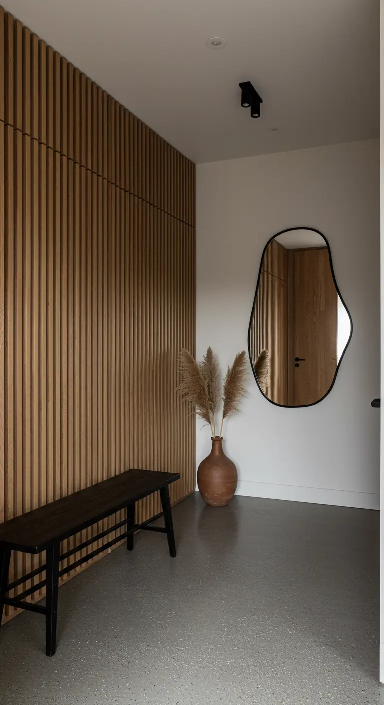 Minimalist entryway with a wood slat wall, an organically shaped mirror, and a dark bench.