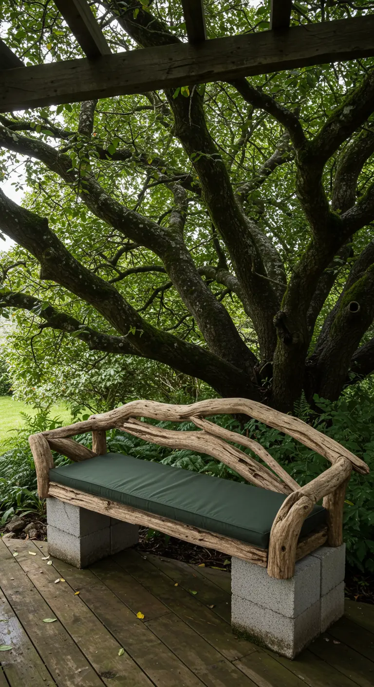 A cinder block bench with an intricate, artistic backrest made from many driftwood pieces.