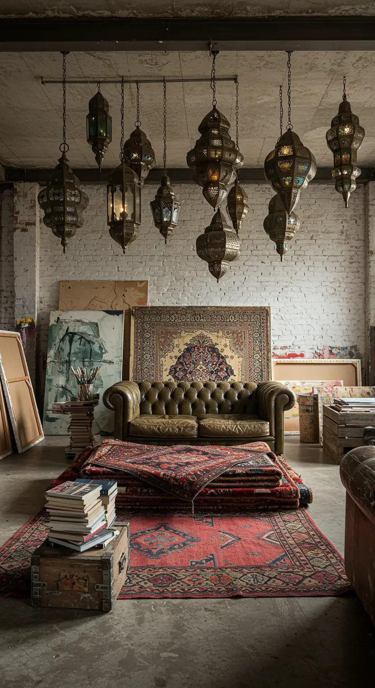 An artist's studio with a leather sofa, layered rugs, and a large cluster of hanging lanterns.
