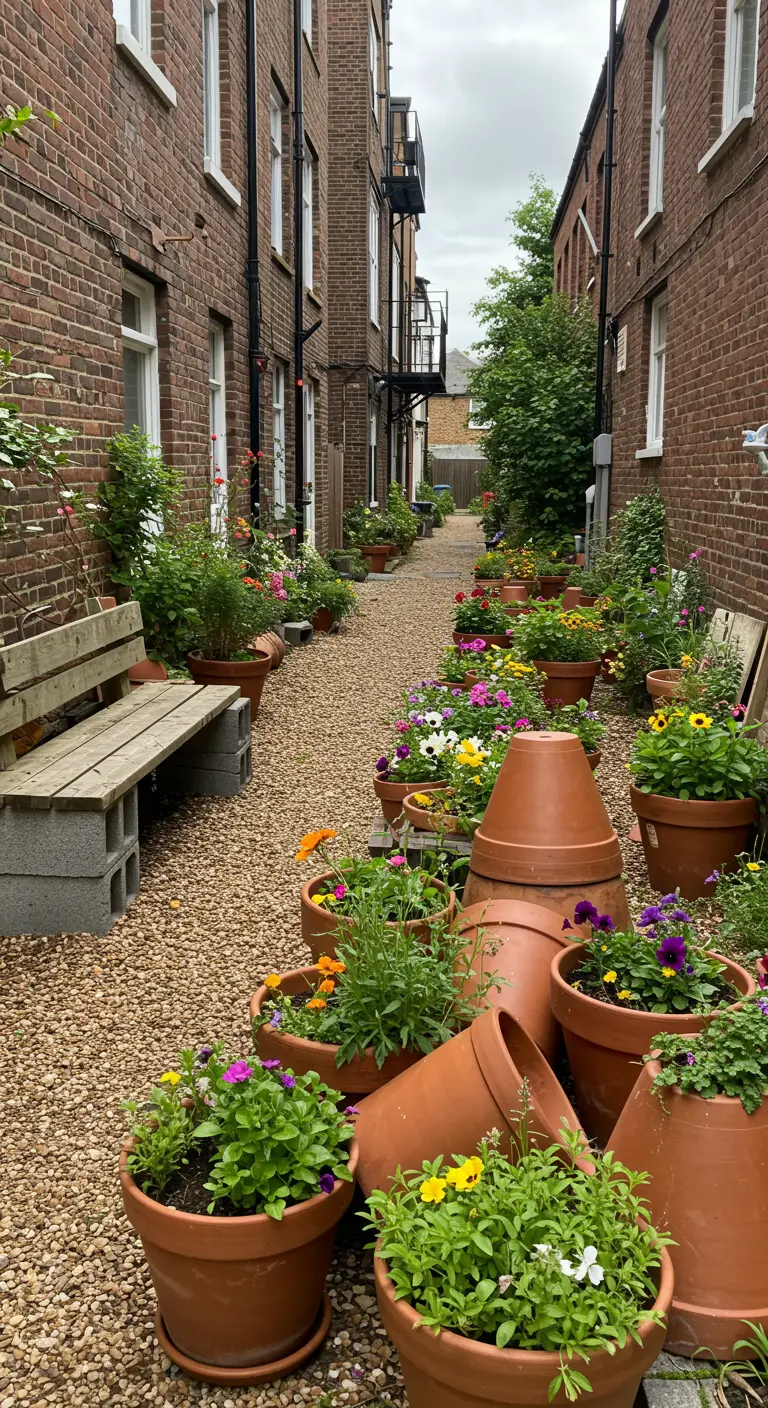 A gravel path in an alleyway lined with casually arranged terracotta pots, some tipped over.