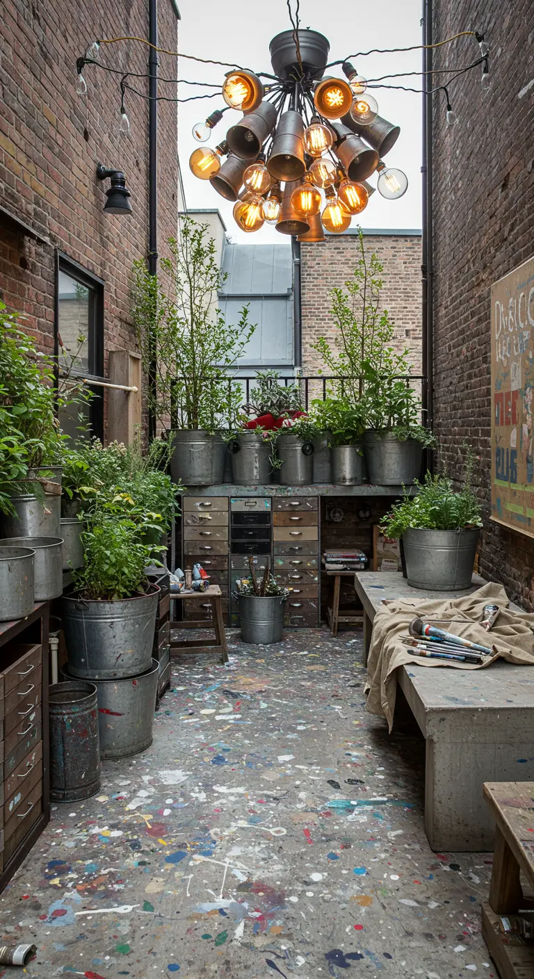 An artist's alley with a paint-splattered floor, galvanized planters, and a large DIY chandelier.